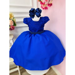 Vestido Infantil Azul Royal Busto C/ Renda e Cinto de Pérolas