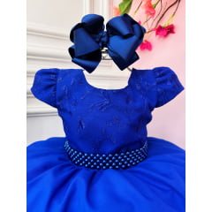 Vestido Infantil Azul Royal Busto C/ Renda e Cinto de Pérolas