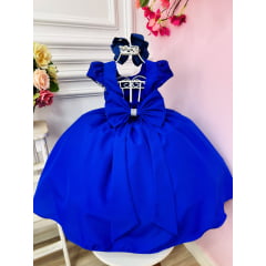 Vestido Infantil Azul Royal Busto C/ Renda e Cinto de Pérolas