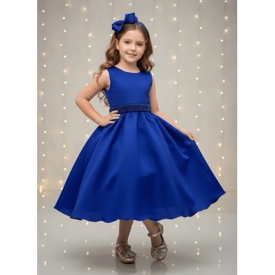 Vestido Infantil Azul Royal Busto C/ Strass Daminhas Festas