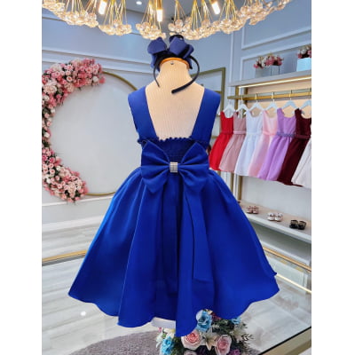 Vestido Infantil Azul Royal Busto C/ Strass Daminhas Festas