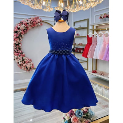 Vestido Infantil Azul Royal Busto C/ Strass Daminhas Festas