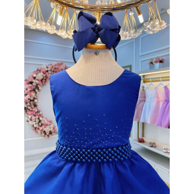Vestido Infantil Azul Royal Busto C/ Strass Daminhas Festas