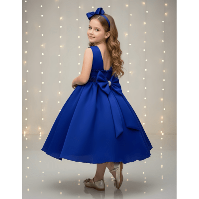 Vestido Infantil Azul Royal Busto C/ Strass Daminhas Festas