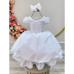 Vestido Infantil Branco Busto C/ Apliques de Flores Renda