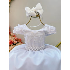 Vestido Infantil Branco Busto C/ Apliques de Flores Renda