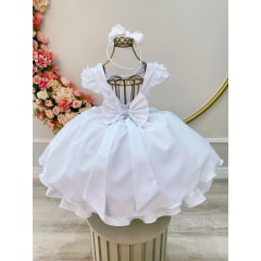 Vestido Infantil Branco Busto C/ Apliques de Flores Renda