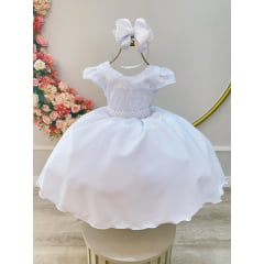 Vestido Infantil Branco Busto C/ Renda e Cinto Pérolas