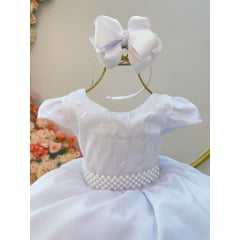 Vestido Infantil Branco Busto C/ Renda e Cinto Pérolas