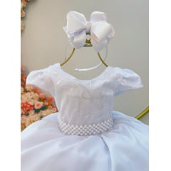 Vestido Infantil Branco Busto C/ Renda e Cinto Pérolas