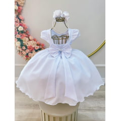 Vestido Infantil Branco Busto C/ Renda e Cinto Pérolas