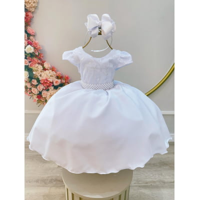 Vestido Infantil Branco Busto C/ Renda e Cinto Pérolas