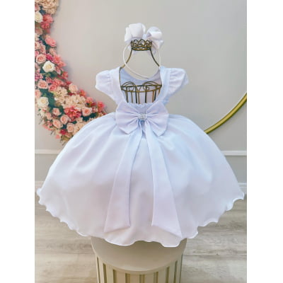 Vestido Infantil Branco Busto C/ Renda e Cinto Pérolas