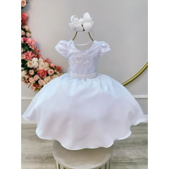 Vestido Infantil Branco Busto Com Renda Daminhas Festas