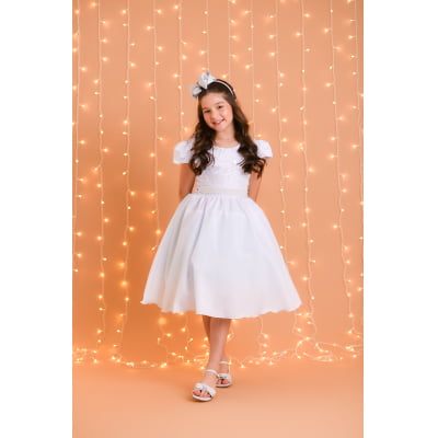 Vestido Infantil Branco Busto Com Renda Daminhas Festas