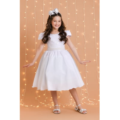 Vestido Infantil Branco Busto Com Renda Daminhas Festas