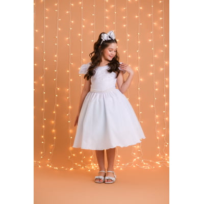 Vestido Infantil Branco Busto Com Renda Daminhas Festas