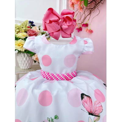 Vestido Infantil Branco Jardim Borboletas e Cinto Pérolas