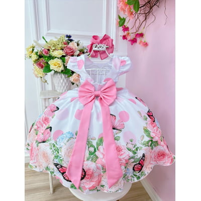Vestido Infantil Branco Jardim Borboletas e Cinto Pérolas