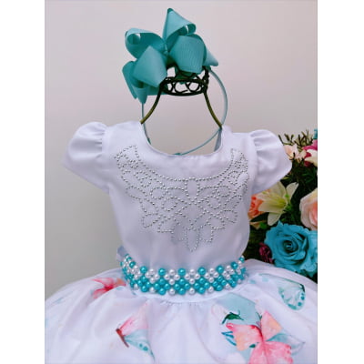 Vestido Infantil Branco Jardim das Borboletas Pérolas Strass
