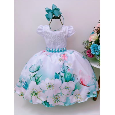 Vestido Infantil Branco Jardim das Borboletas Pérolas Strass