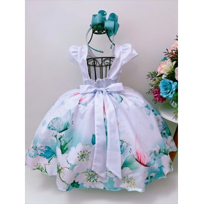 Vestido Infantil Branco Jardim das Borboletas Pérolas Strass