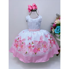 Vestido Infantil Branco Jardim das Borboletas Rosa Luxo
