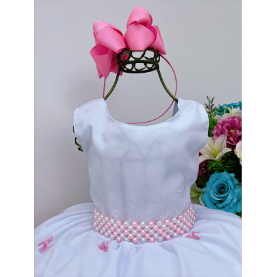 Vestido Infantil Branco Jardim das Borboletas Rosa Luxo
