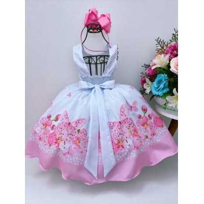 Vestido Infantil Branco Jardim das Borboletas Rosa Luxo