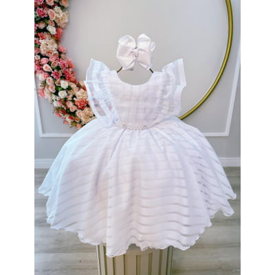 Vestido Infantil Branco Organza Listrado C/ Pérolas Damas