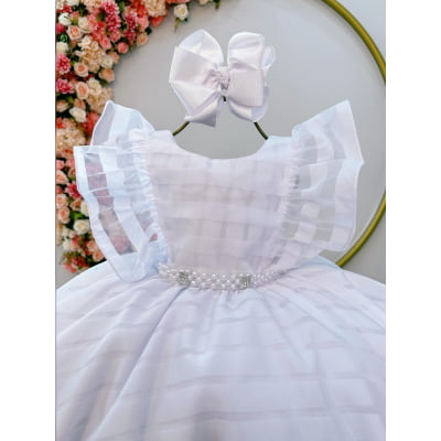 Vestido Infantil Branco Organza Listrado C/ Pérolas Damas