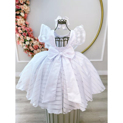 Vestido Infantil Branco Organza Listrado C/ Pérolas Damas