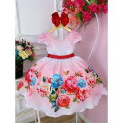 Vestido Infantil Floral Vermelho Luxo Com Cinto de Pérolas