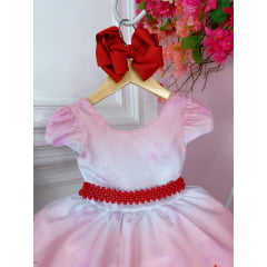 Vestido Infantil Floral Vermelho Luxo Com Cinto de Pérolas