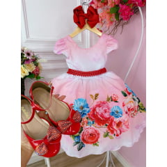 Vestido Infantil Floral Vermelho Luxo Com Cinto de Pérolas