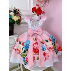 Vestido Infantil Floral Vermelho Luxo Com Cinto de Pérolas