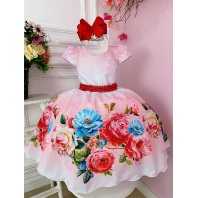 Vestido Infantil Floral Vermelho Luxo Com Cinto de Pérolas
