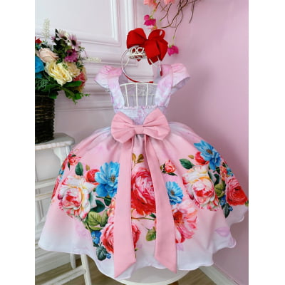 Vestido Infantil Floral Vermelho Luxo Com Cinto de Pérolas