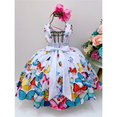 Vestido Infantil Jardim das Borboletas Branco Luxo Cinto