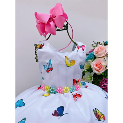 Vestido Infantil Jardim das Borboletas Branco Luxo Cinto