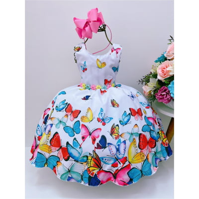 Vestido Infantil Jardim das Borboletas Branco Luxo Cinto