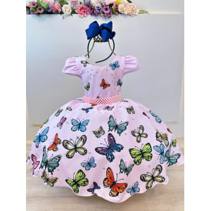 Vestido Infantil Jardim das Borboletas Rosa C/ Cinto Pérolas