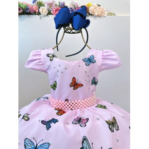 Vestido Infantil Jardim das Borboletas Rosa C/ Cinto Pérolas