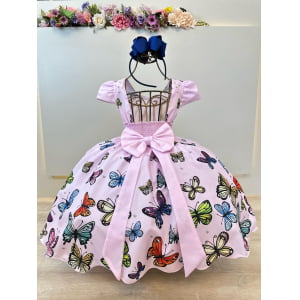 Vestido Infantil Jardim das Borboletas Rosa C/ Cinto Pérolas