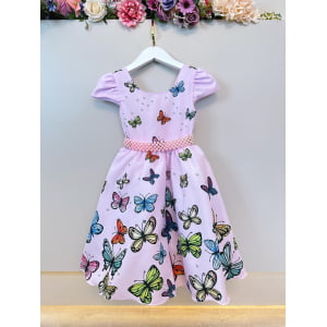 Vestido Infantil Jardim das Borboletas Rosa C/ Cinto Pérolas