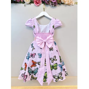 Vestido Infantil Jardim das Borboletas Rosa C/ Cinto Pérolas