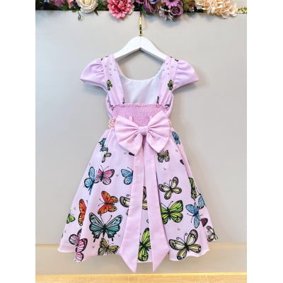 Vestido Infantil Jardim das Borboletas Rosa C/ Cinto Pérolas