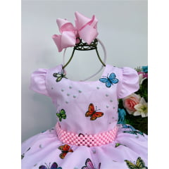 Vestido Infantil Jardim das Borboletas Rosa Luxo Cinto