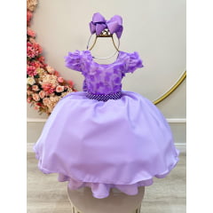 Vestido Infantil Lilás Busto C/ Apliques de Flores Renda