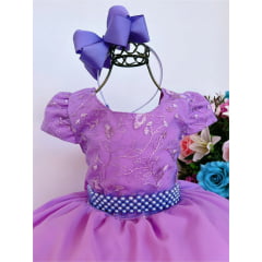 Vestido Infantil Lilás C/ Renda e Cinto de Pérolas Luxo